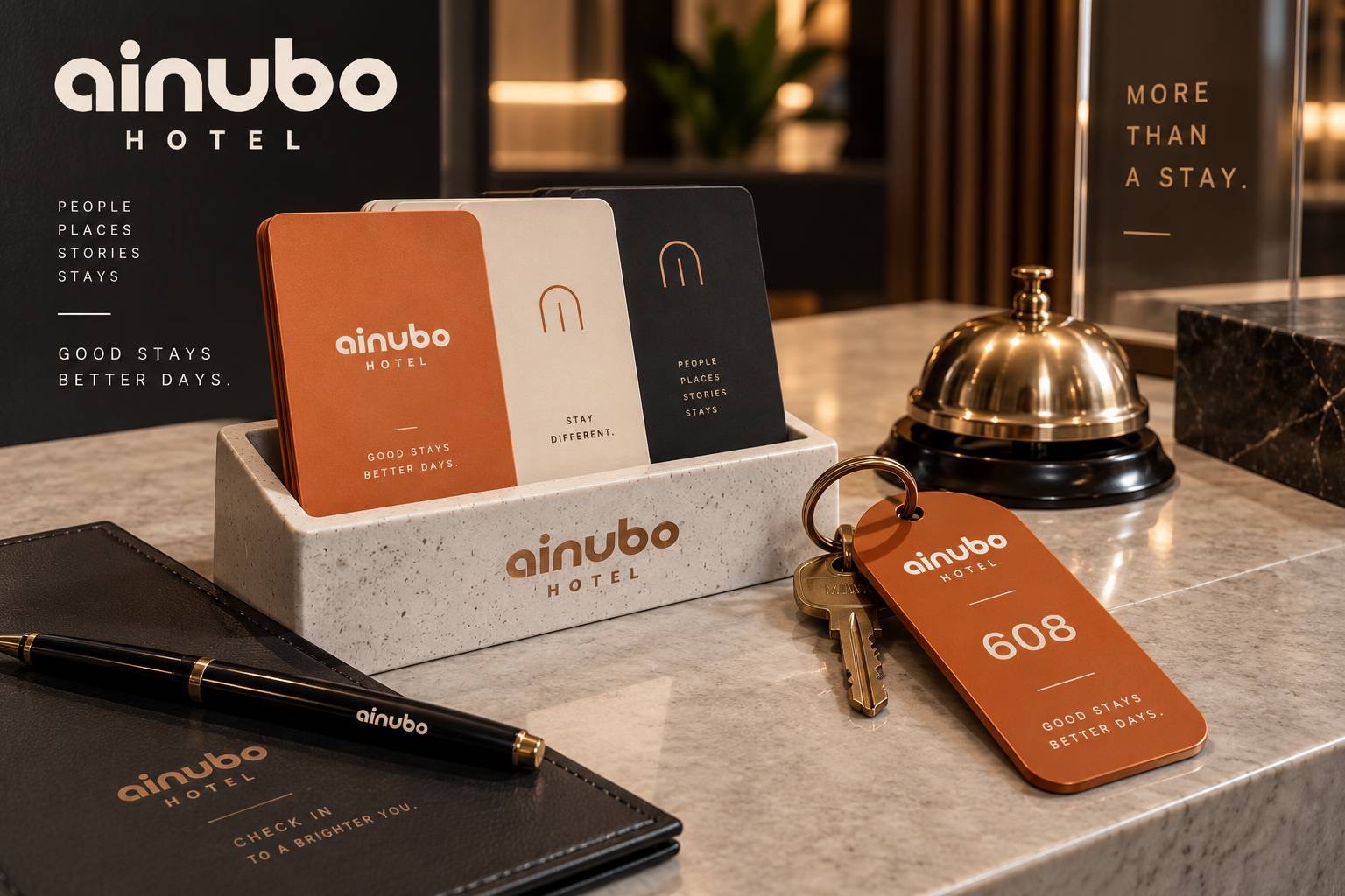 AINUBO 橘色鑰匙牌、房卡與黃銅服務鈴品牌設計示意